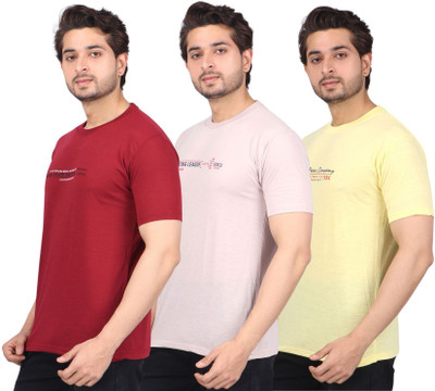WILD ELEPHANT Printed Men Round Neck Maroon, Beige, Yellow T-Shirt