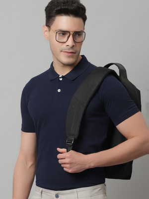 CANTABIL Solid Men Polo Neck Navy Blue T-Shirt