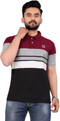 KHAHURIYO Striped Men Polo Neck Maroon T-Shirt