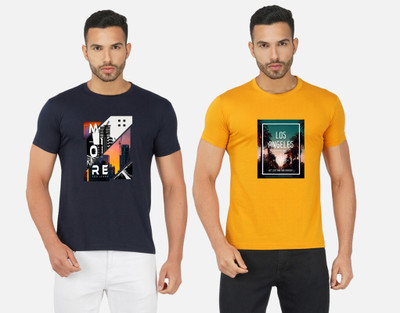 GLOBAL NOMAD Printed Men Round Neck Navy Blue, Yellow T-Shirt