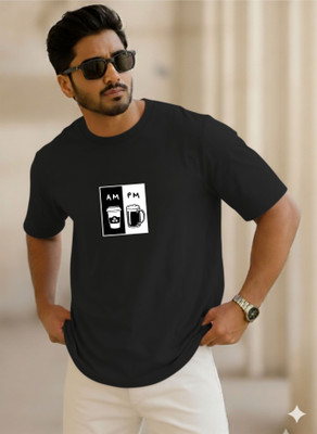 SINNER STREET Printed, Cartoon, Self Design Men Round Neck Black T-Shirt