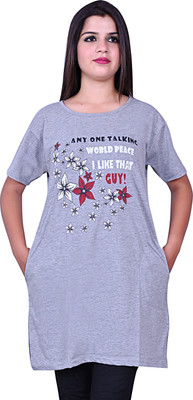 NG Store Printed Women Round Neck Grey T-Shirt