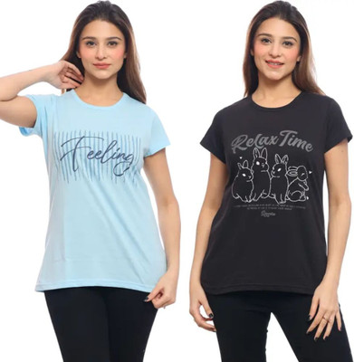 RG BY SS CLOTHING Printed Women Round Neck Light Blue, Black T-Shirt