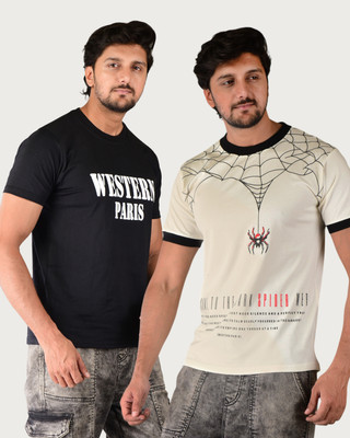 westernparis Animal Print, Graphic Print, Typography Men Round Neck Black, Beige T-Shirt