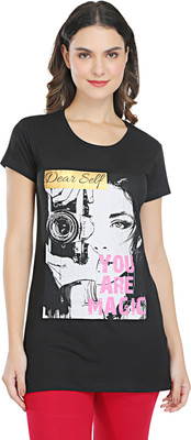 BODYACTIVE Printed Women Round Neck Black T-Shirt