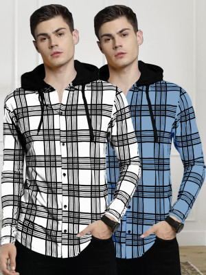 EyeBogler Striped Men Hooded Neck White, Light Blue T-Shirt