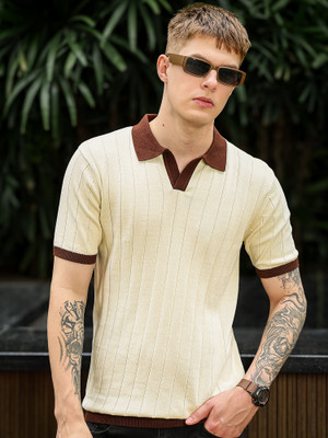 MANIAC Striped Men Polo Neck White T-Shirt