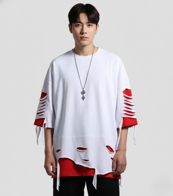 Ajworld Solid Men Round Neck White, Red T-Shirt