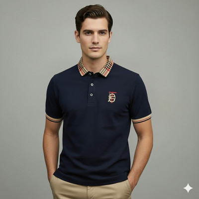 GELAI ENTERPRISE Solid, Checkered, Embroidered Men Polo Neck Black T-Shirt