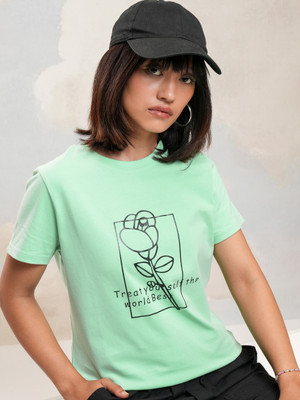 Tokyo Talkies Printed Women Round Neck Green T-Shirt