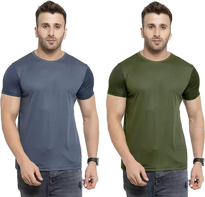 RIVAAZ Collections Solid Men Round Neck Grey, Dark Green T-Shirt