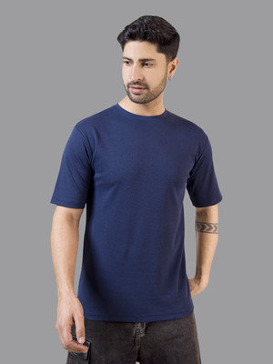 I&D Solid Men Round Neck Navy Blue T-Shirt