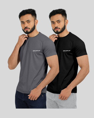INDICLUB Self Design Men Round Neck Grey, Black T-Shirt