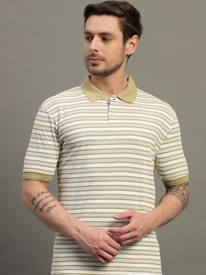 Nuovo Striped Men Polo Neck Beige T-Shirt