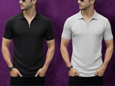 The Stanch Self Design Men Polo Neck Black, White T-Shirt