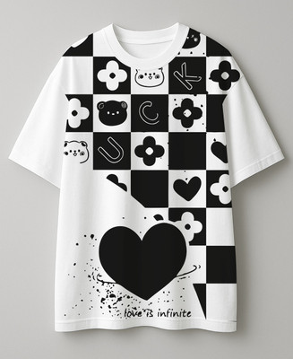 Teestranzify Graphic Print, Checkered Men Round Neck Reversible White T-Shirt