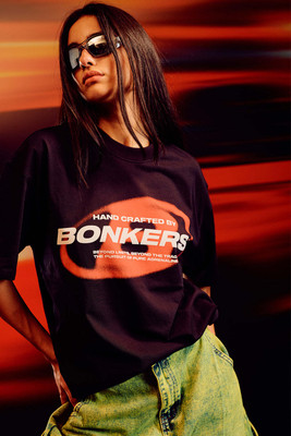Bonkers Corner Printed Women Round Neck Black T-Shirt