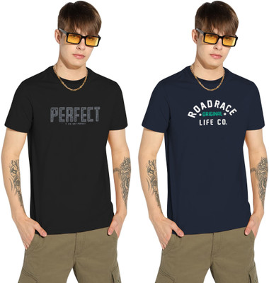 Aee Gee Printed Men Round Neck Black, Navy Blue T-Shirt