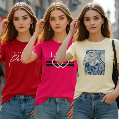 Fabflee Printed Women Round Neck Multicolor T-Shirt