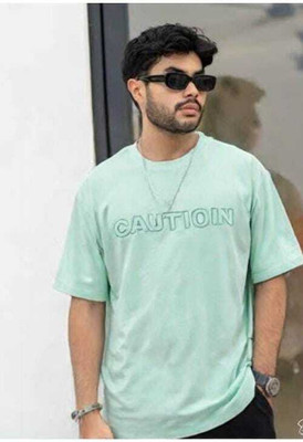 Caution Graphic Print Men Round Neck Light Green T-Shirt
