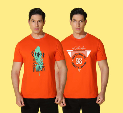 WOOSTRO Printed, Typography Men Round Neck Orange T-Shirt
