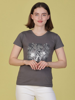 V-MART Printed Women Round Neck Grey T-Shirt