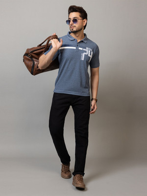 RosyRains Printed, Typography, Graphic Print Men Polo Neck Blue T-Shirt