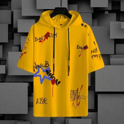 SM SHAYAM CREATION Printed, Typography Men Hooded Neck Yellow T-Shirt