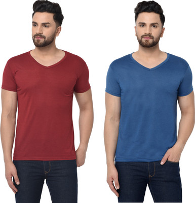 Tresna Trending Solid Men V Neck Dark Blue, Maroon T-Shirt