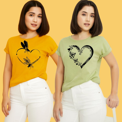 Kintu Parantu Printed Women Round Neck Yellow, Green T-Shirt