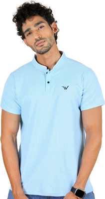 wewok Self Design, Solid, Sporty Men Mandarin Collar Blue, Multicolor T-Shirt