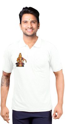 m2hit Solid, Printed Men Polo Neck White T-Shirt