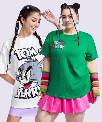 TOM AND JERRY by DreamBe Printed Women Round Neck White, Green T-Shirt