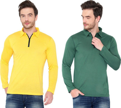 JB Jangoboy Solid Men Polo Neck Dark Green, Yellow T-Shirt
