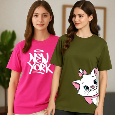 Elvia Graphic Print Women Round Neck Green, Pink T-Shirt