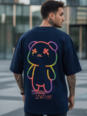 JUST ROAR Printed Men Round Neck Navy Blue T-Shirt