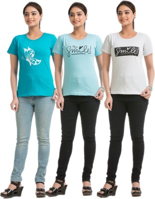 STYLE AK Printed Women Round Neck Green, Light Blue, Grey T-Shirt