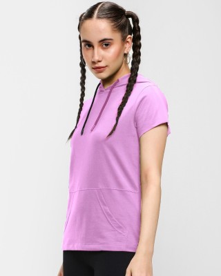 Eddicted Solid Women Hooded Neck Pink T-Shirt