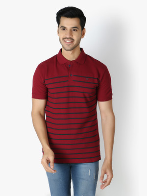 weardo Striped Men Polo Neck Maroon T-Shirt
