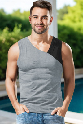 TRIPR Solid Men Round Neck Grey, Black T-Shirt