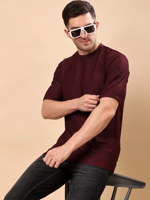 KEX Self Design Men Round Neck Maroon T-Shirt