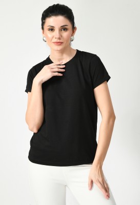 Nael Fashion Solid Women Round Neck Black T-Shirt