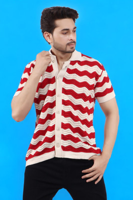 LWALS Self Design Men Polo Neck Beige, Red T-Shirt