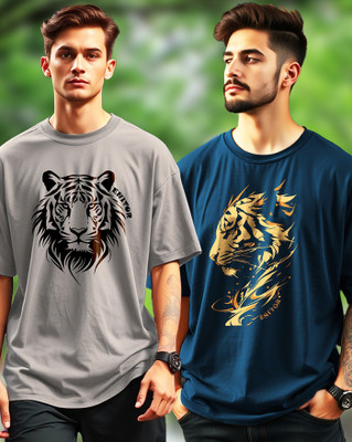 AOOSH Printed Men Round Neck Grey, Dark Blue T-Shirt