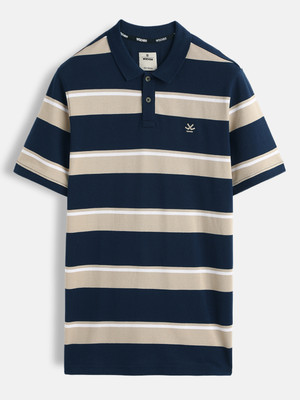 WROGN Striped Men Polo Neck Blue T-Shirt