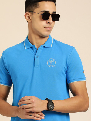 BEING HUMAN Solid Men Polo Neck Blue T-Shirt