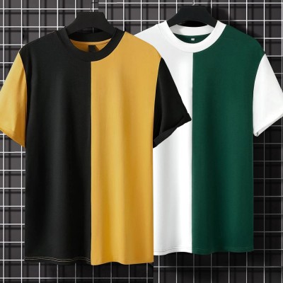 TQH Colorblock Men Round Neck Yellow, Green T-Shirt