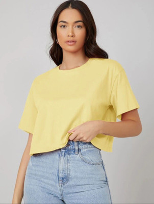 SPOWEARY Solid Women Round Neck Yellow T-Shirt