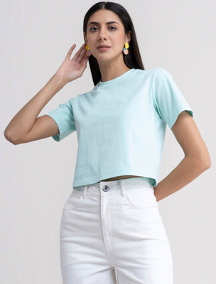 SPOWEARY Solid Women Round Neck Blue T-Shirt