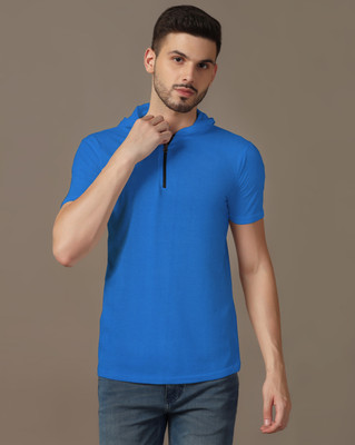 GEUM Solid Men Hooded Neck Blue T-Shirt